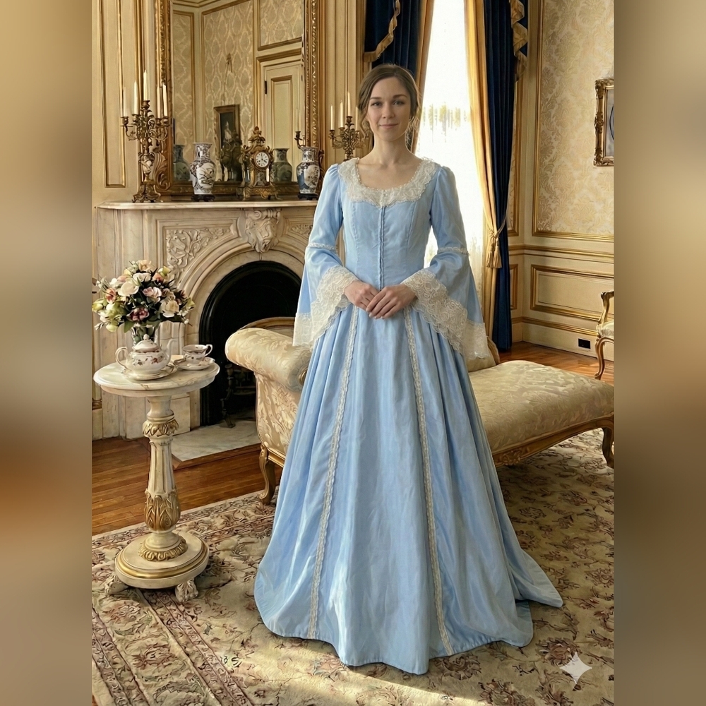 Unbranded Size S Blue Bridgerton Vibes Renaissance Bell Sleeves Gown Lace Trim